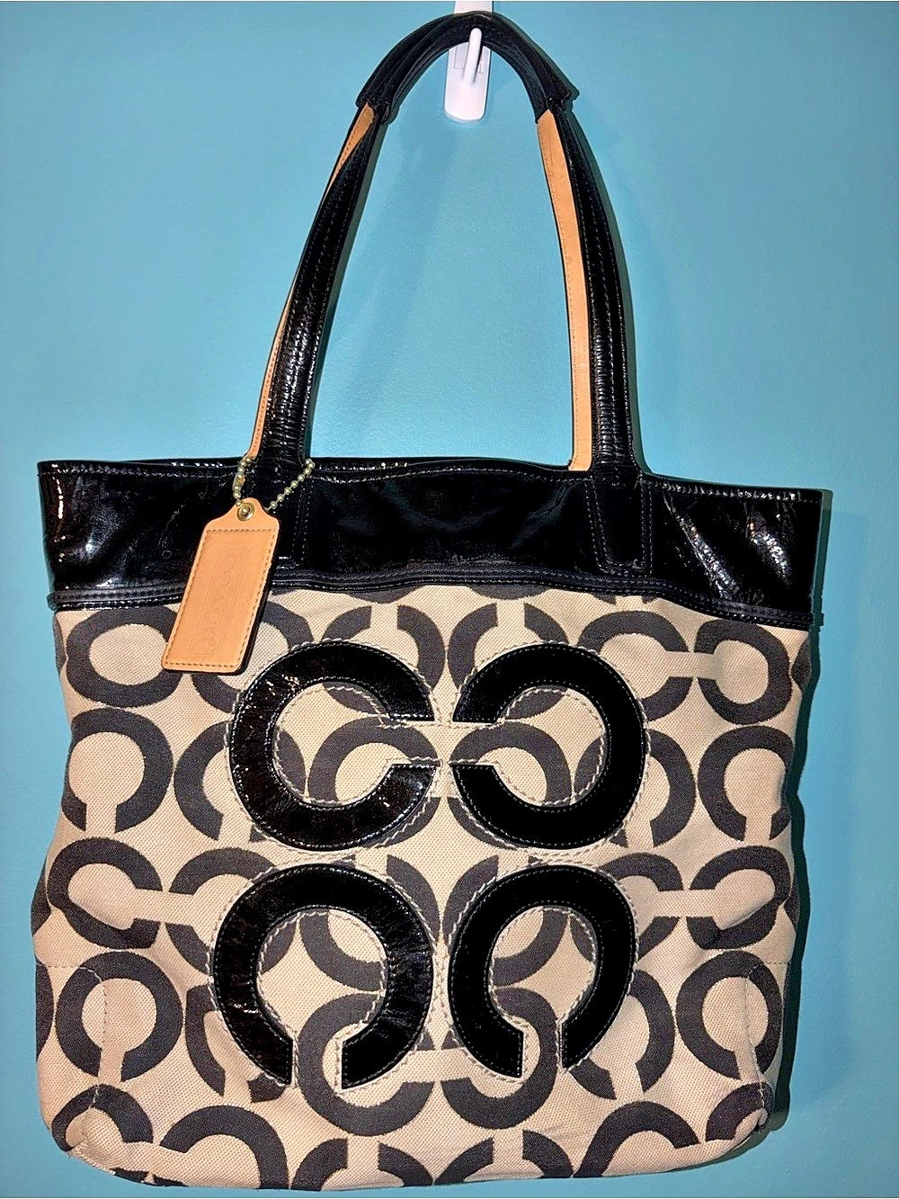 Coach Audrey Op Art Signature Gallery Tote Black & Tan 17035